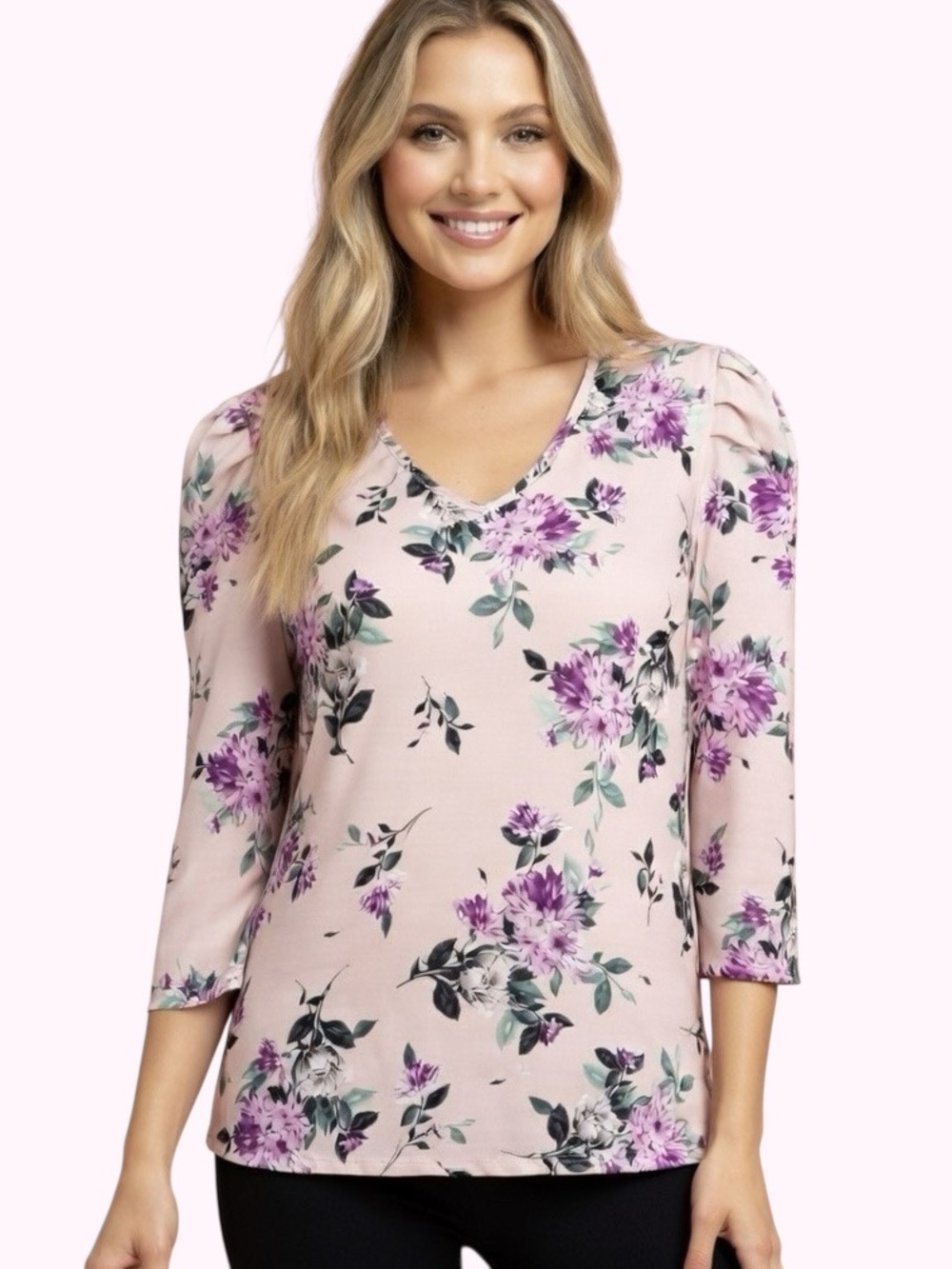 2 for $20; Suzy Shier Blush Pink Floral V-Neck 1/4 sleeve Top